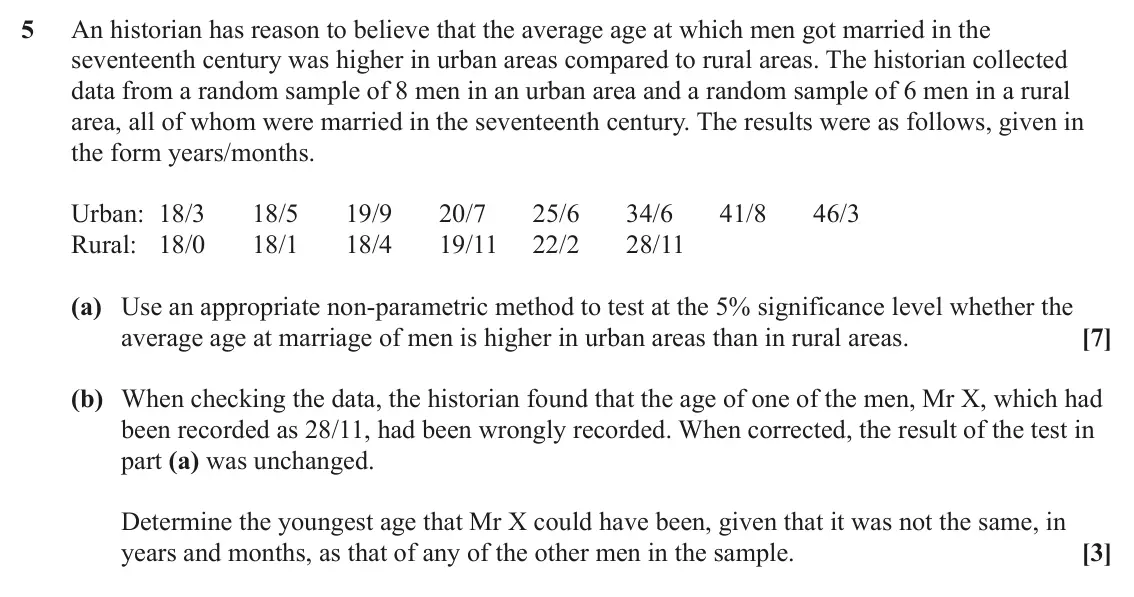 June 2023 Statistics, question 5: An historian has reason to believe that the average age at which men got married in the seventeenth century was higher in urban areas compared to rural areas. T
