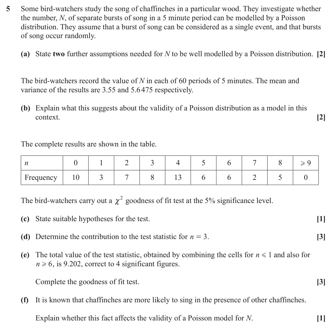 June 2024 Statistics, question 5: Some bird-watchers study the song of chaffinches in a particular wood. They investigate whether the number, N, of separate bursts of song in a 5 minute period c