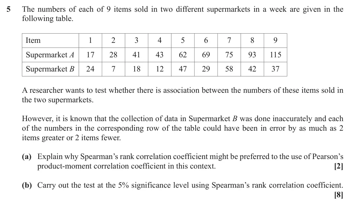 November 2021 Statistics, question 5: The numbers of each of 9 items sold in two different supermarkets in a week are given in the following table. Item 1 2 3 4 5 6 7 8 9 Supermarket A 17 28 41 43 6