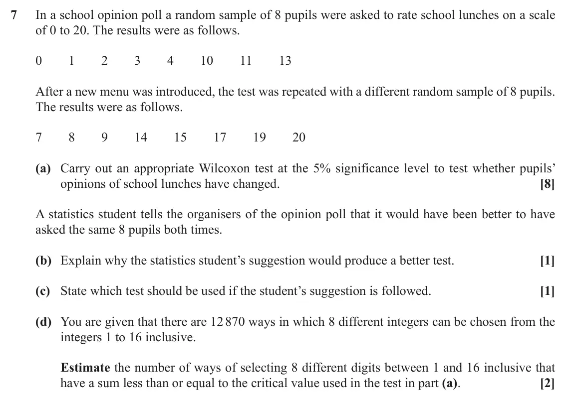 November 2021 Statistics, question 7: In a school opinion poll a random sample of 8 pupils were asked to rate school lunches on a scale of 0 to 20. The results were as follows. 0 1 2 3 4 10 11 13 Af