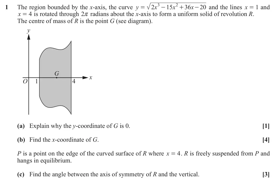 June 2019 Mechanics, question 1: 2 1 The region bounded by the x-axis, the curve y 2 x 15 x 36 x 20 and the lines x = and 1 = - + - x 4 is rotated through 2r radians about the x-axis to form a 