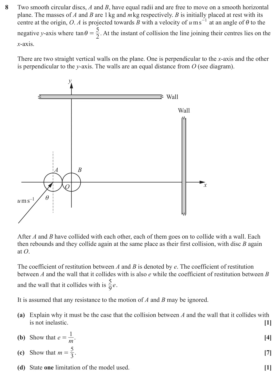 June 2022 Mechanics, question 8: Two smooth circular discs, A and B, have equal radii and are free to move on a smooth horizontal plane. The masses of A and B are 1 kg and m kg respectively. B 