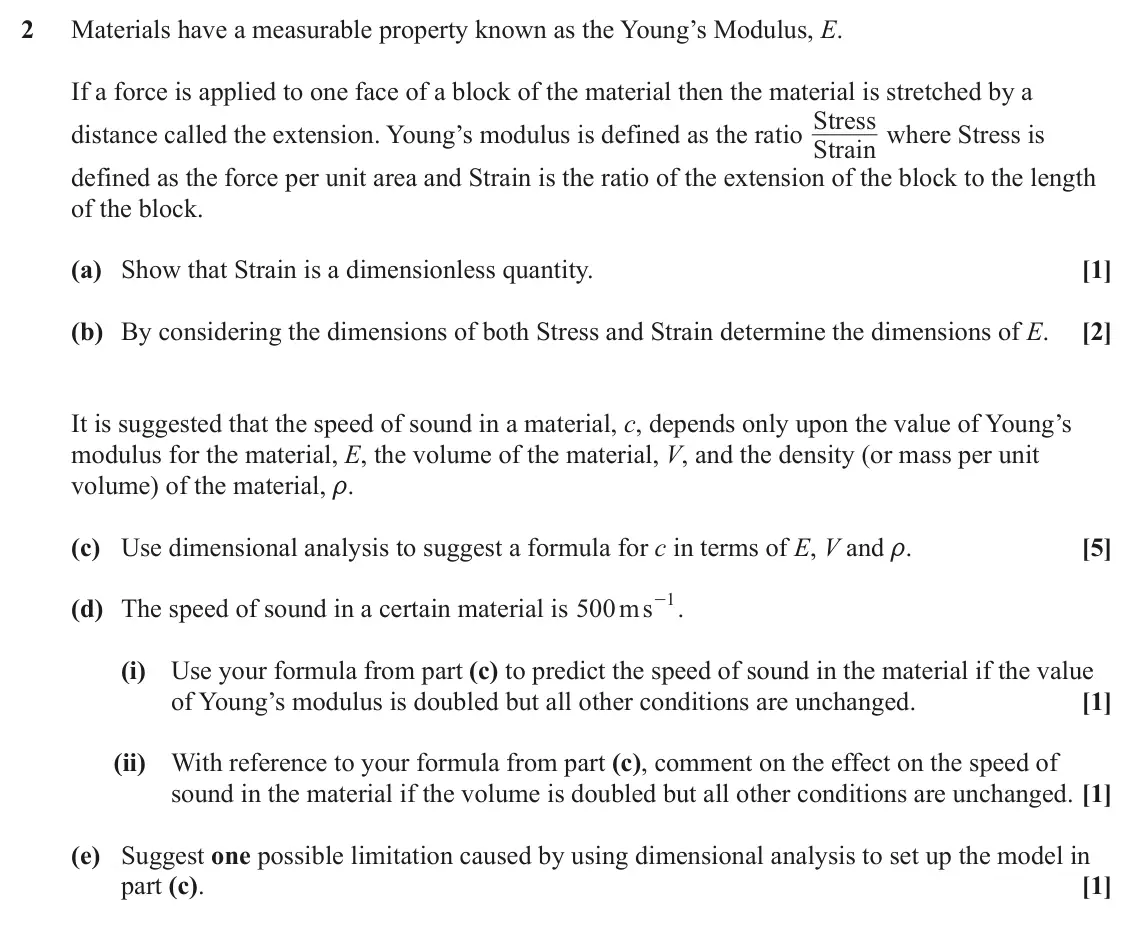 June 2023 Mechanics, question 2: Materials have a measurable property known as the Young’s Modulus, E. If a force is applied to one face of a block of the material then the material is stretche