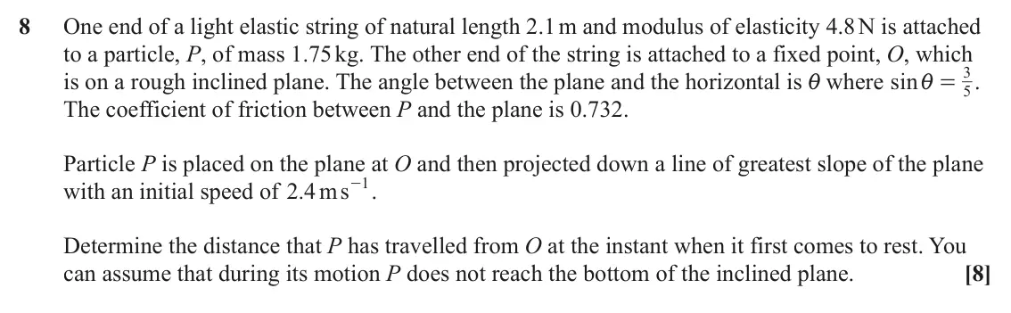 June 2023 Mechanics, question 8: One end of a light elastic string of natural length 2.1 m and modulus of elasticity 4.8 N is attached to a particle, P, of mass 1.75 kg. The other end of the st