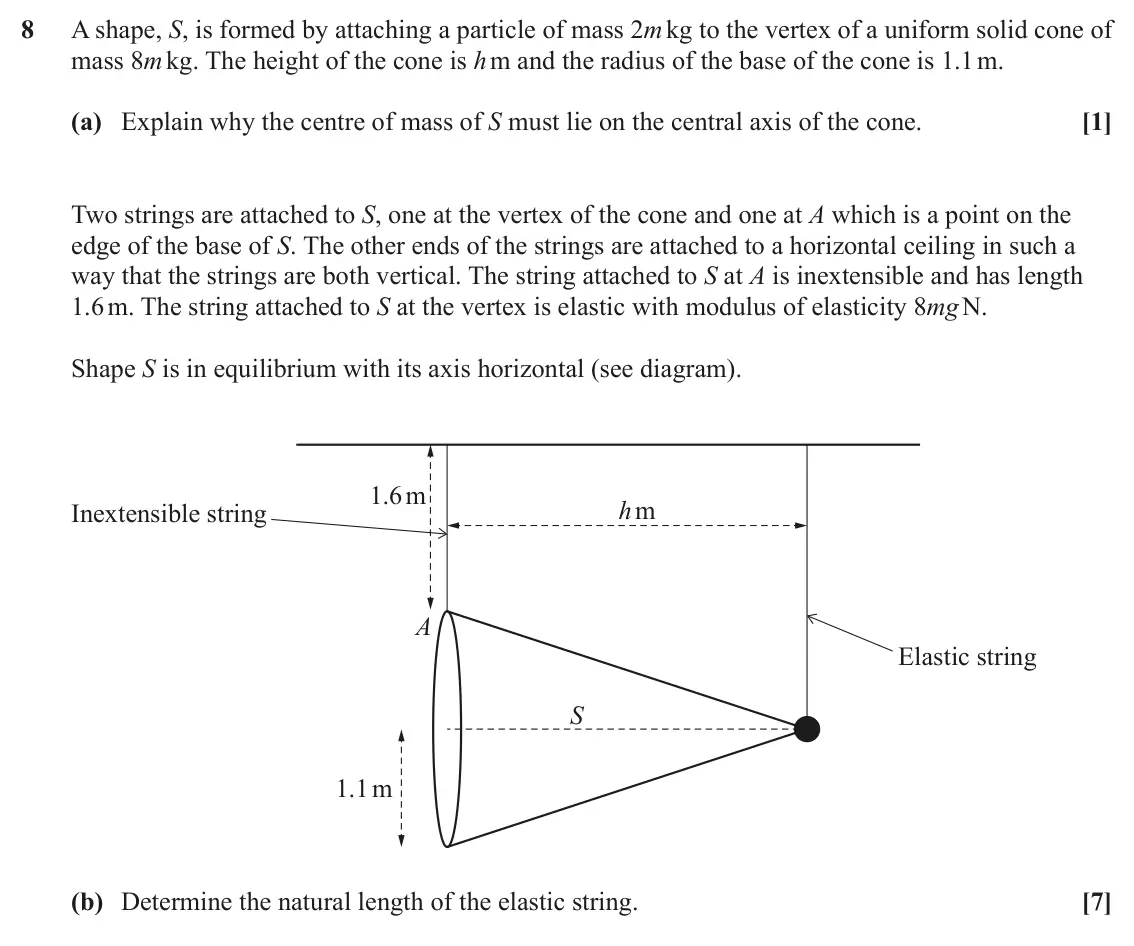June 2024 Mechanics, question 8: A shape, S, is formed by attaching a particle of mass 2m kg to the vertex of a uniform solid cone of mass 8m kg. The height of the cone is h m and the radius of