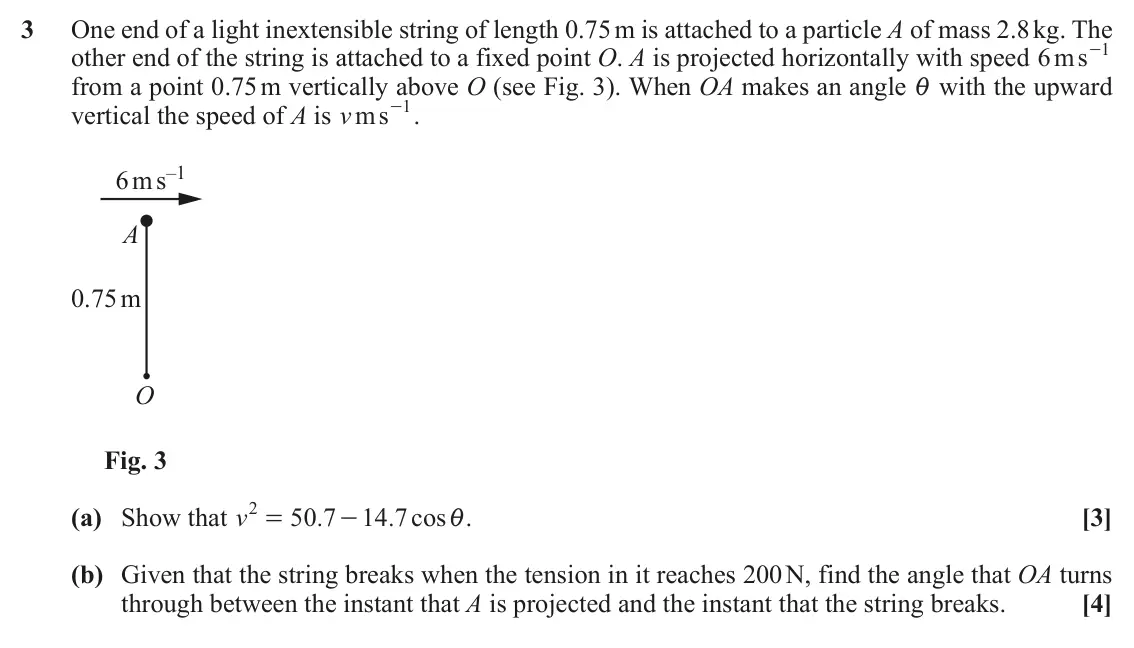 November 2020 Mechanics, question 3: One end of a light inextensible string of length 0.75 m is attached to a particle A of mass 2.8 kg. The other end of the string is attached to a fixed point O.