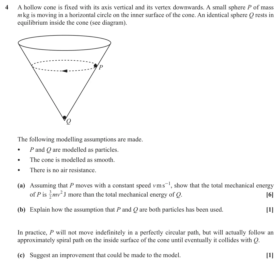 November 2021 Mechanics, question 4: A hollow cone is fixed with its axis vertical and its vertex downwards. A small sphere P of mass m kg is moving in a horizontal circle on the inner surface of t