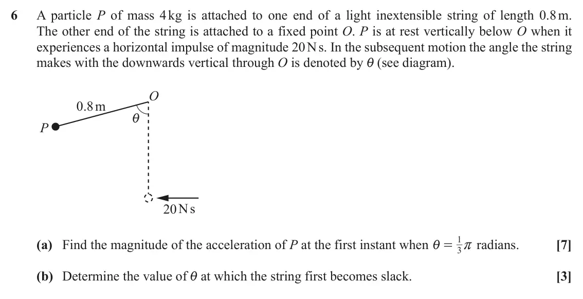 November 2021 Mechanics, question 6: A particle P of mass 4 kg is attached to one end of a light inextensible string of length 0.8 m. The other end of the string is attached to a fixed point O. P i