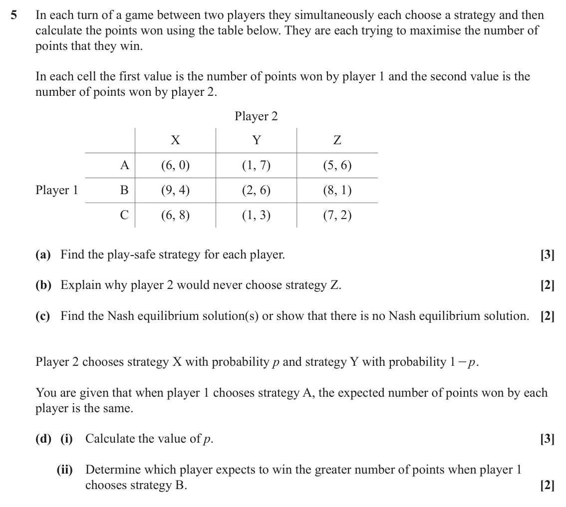 June 2022 Discrete Mathematics, question 5: In each turn of a game between two players they simultaneously each choose a strategy and then calculate the points won using the table below. They are each try