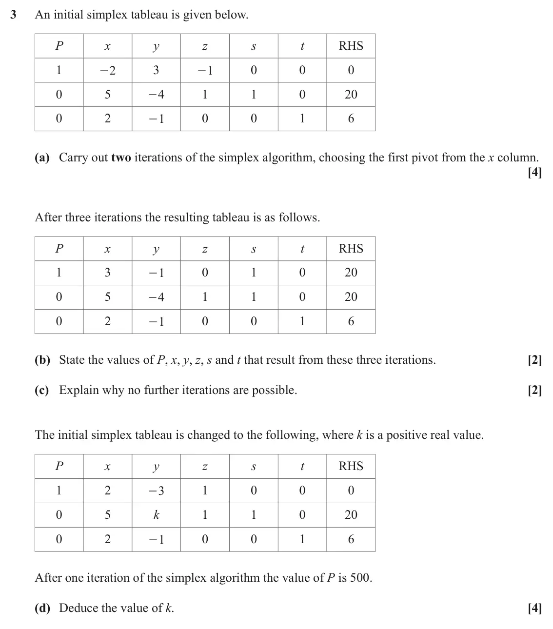 June 2023 Discrete Mathematics, question 3: An initial simplex tableau is given below. P x y z s t RHS 1 2 3 1 0 0 0 - - 0 5 4 1 1 0 20 - 0 2 0 0 1 6 1 - (a) Carry out two iterations of the simplex algori