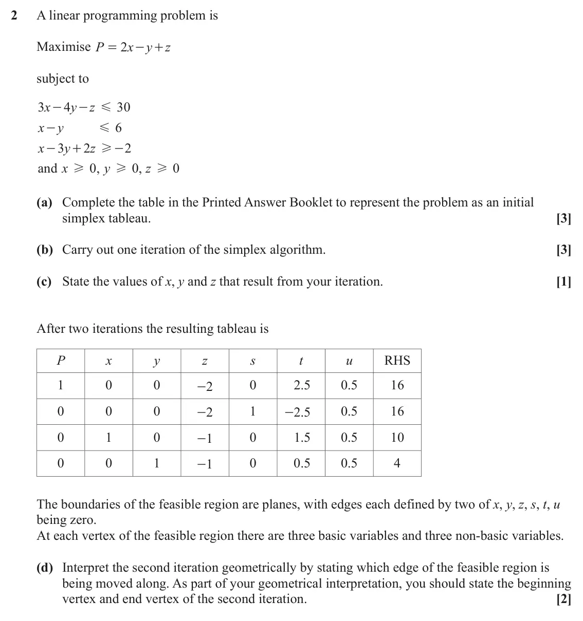 June 2024 Discrete Mathematics, question 2: A linear programming problem is Maximise P 2 x y z = - + subject to 3 x 4 y z 30 - - G x y 6 - G x 3 y 2 z 2 - + H - and x 0 , y 0 , z 0 H H H (a) Complete the 
