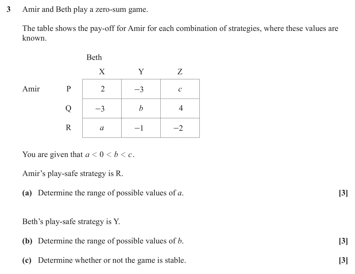 June 2024 Discrete Mathematics, question 3: Amir and Beth play a zero‑sum game. The table shows the pay‑off for Amir for each combination of strategies, where these values are known. Beth X Y Z Amir P 2 c