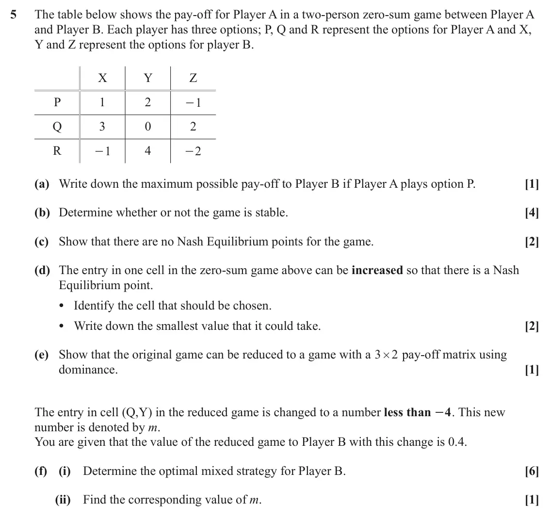 June 2025 Discrete Mathematics, question 5: The table below shows the pay-off for Player A in a two-person zero-sum game between Player A and Player B. Each player has three options; P, Q and R represent
