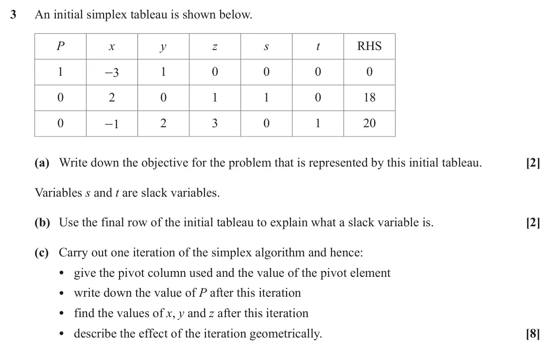 November 2020 Discrete Mathematics, question 3: An initial simplex tableau is shown below. P x y z s t RHS 1 1 0 0 0 0 -3 0 2 0 1 1 0 18 0 2 3 0 1 20 -1 (a) Write down the objective for the problem that is re