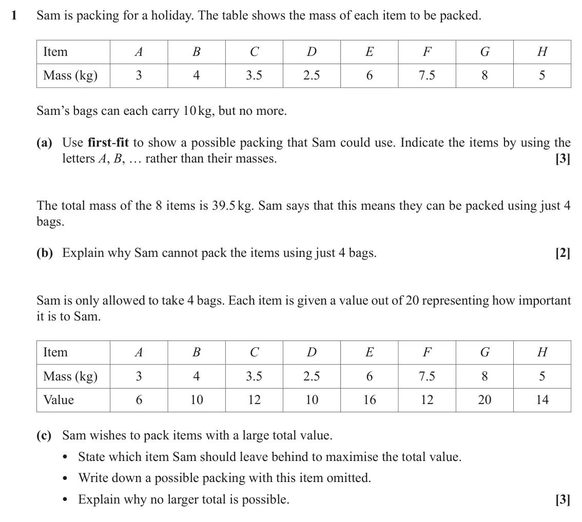 November 2021 Discrete Mathematics, question 1: Sam is packing for a holiday. The table shows the mass of each item to be packed. Item A B C D E F G H Mass (kg) 3 4 3.5 2.5 6 7.5 8 5 Sam’s bags can each carry