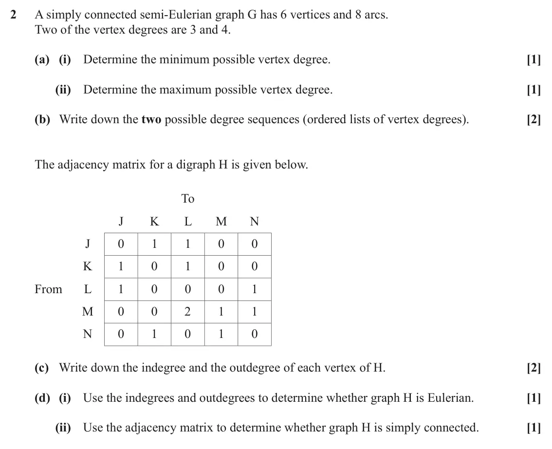 November 2021 Discrete Mathematics, question 2: A simply connected semi-Eulerian graph G has 6 vertices and 8 arcs. Two of the vertex degrees are 3 and 4. (a) (i) Determine the minimum possible vertex degree.